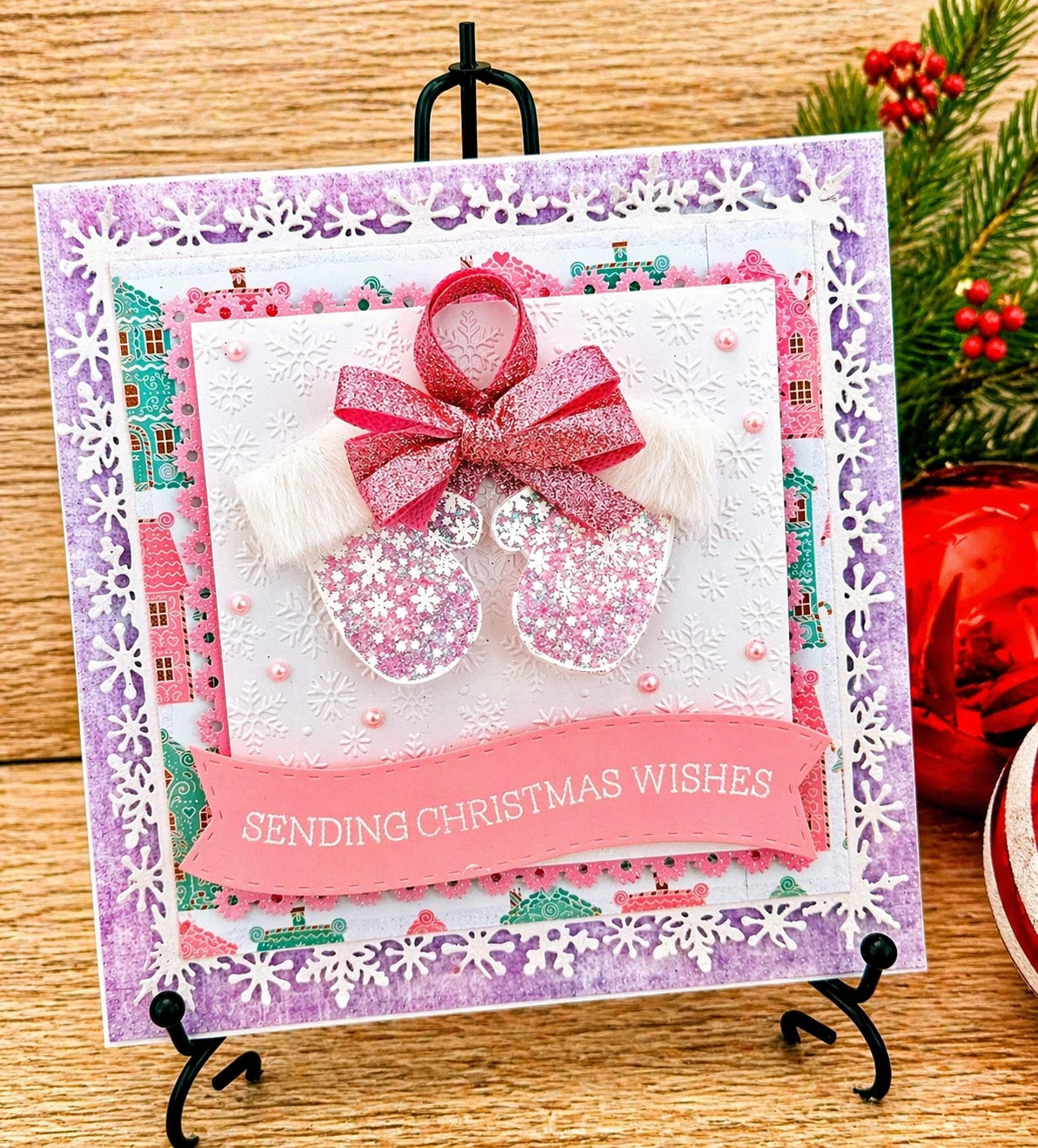 Personalised 3D Luxury Boxed Christmas Card | Pink Glitter Mittens | Any Relation | Handmade 8x8