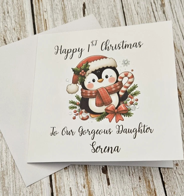 Personalised Happy 1st Christmas Card | Cute Penguin Santa Hat | Daughter Granddaughter Niece | Any Relation | 6x6