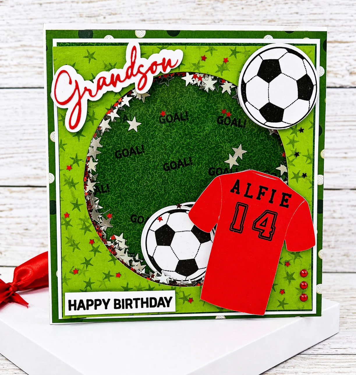 Personalised 3D Luxury Shaker Boxed Birthday Card | Football Shirt Name & Number | GOAL Confetti Stars | Grandson Son Nephew | 8x8