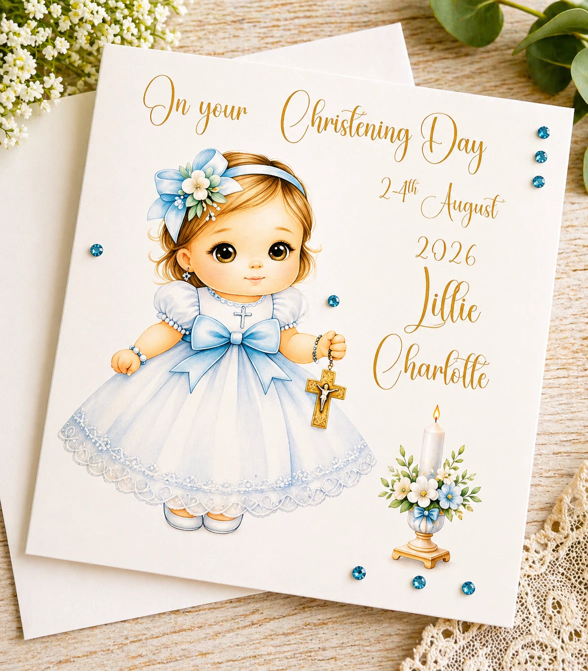 Personalised Little Girl Christening Card. Customised Name Date And Venue