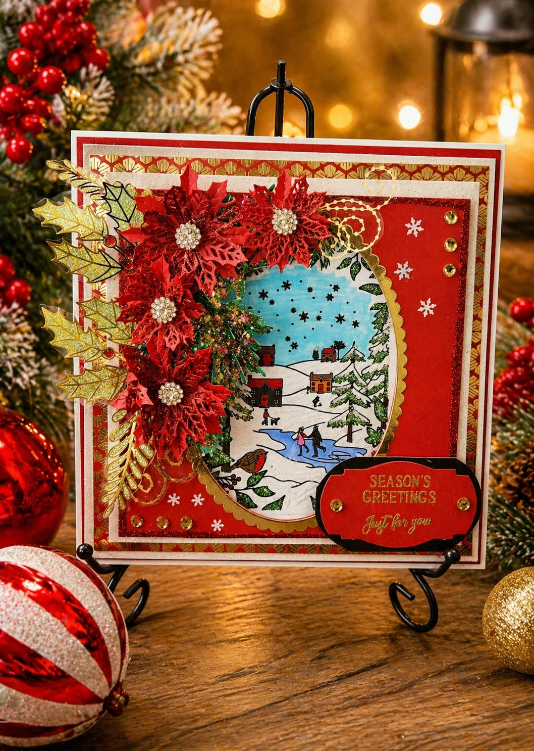 Personalised 3D Luxury Boxed Christmas Card | Poinsettia Winter Scene | Any Relation | Handmade 8x8