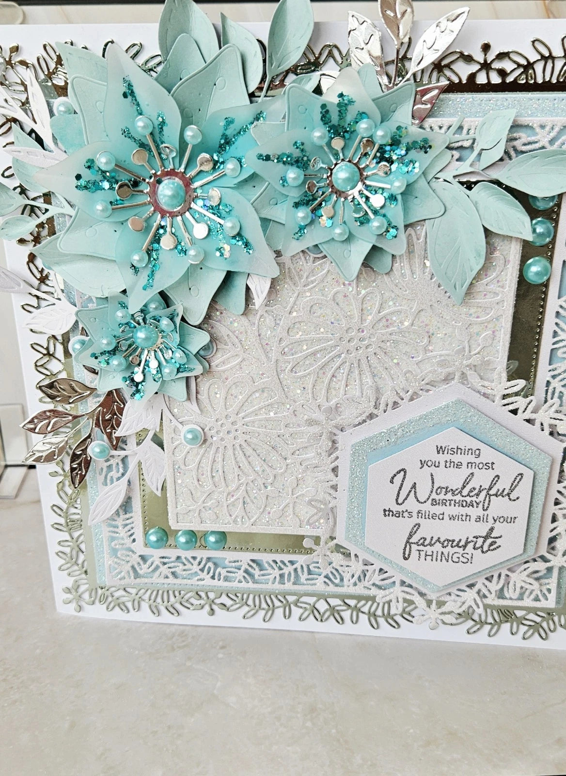Personalised 3D Luxury Boxed Birthday Card | Mint Teal Poinsettias Silver Lace | Mum Nanna Sister | Any Relation | 8x8