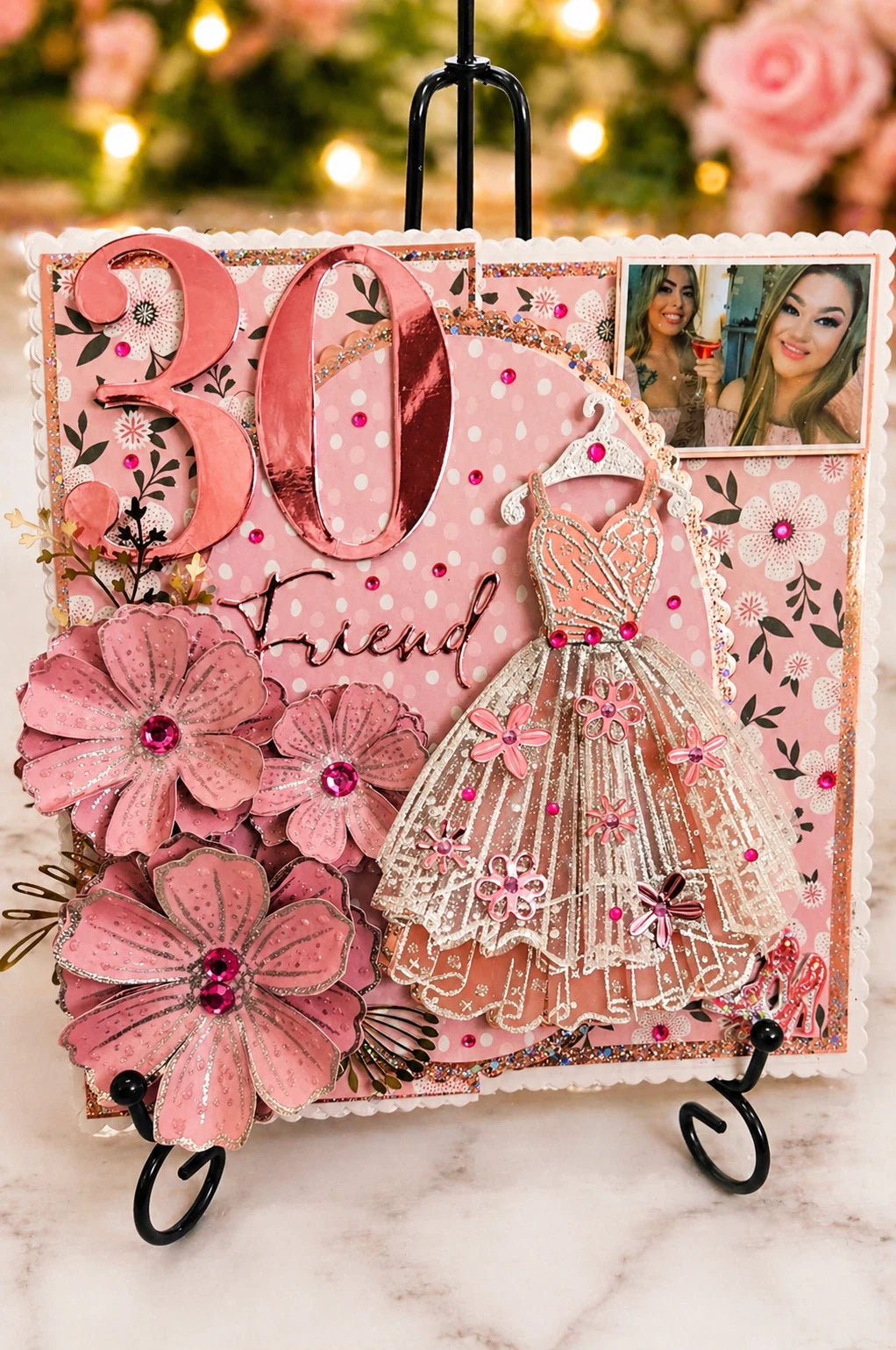 Personalised Photo 3D Luxury Boxed Birthday Card | Glitter Dress & Flowers | Any Age & Relation | Handmade 8x8