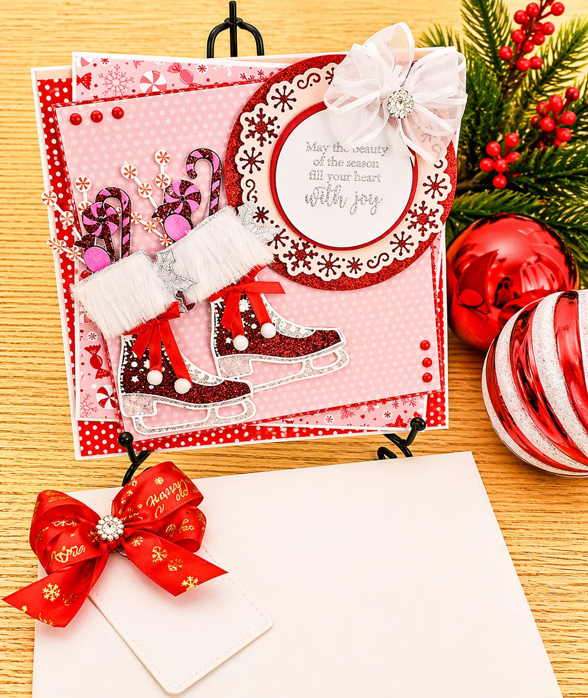 Personalised 3D Luxury Boxed Christmas Card | Red Glitter Ice Skates Candy Canes | Any Relation | Handmade 8x8