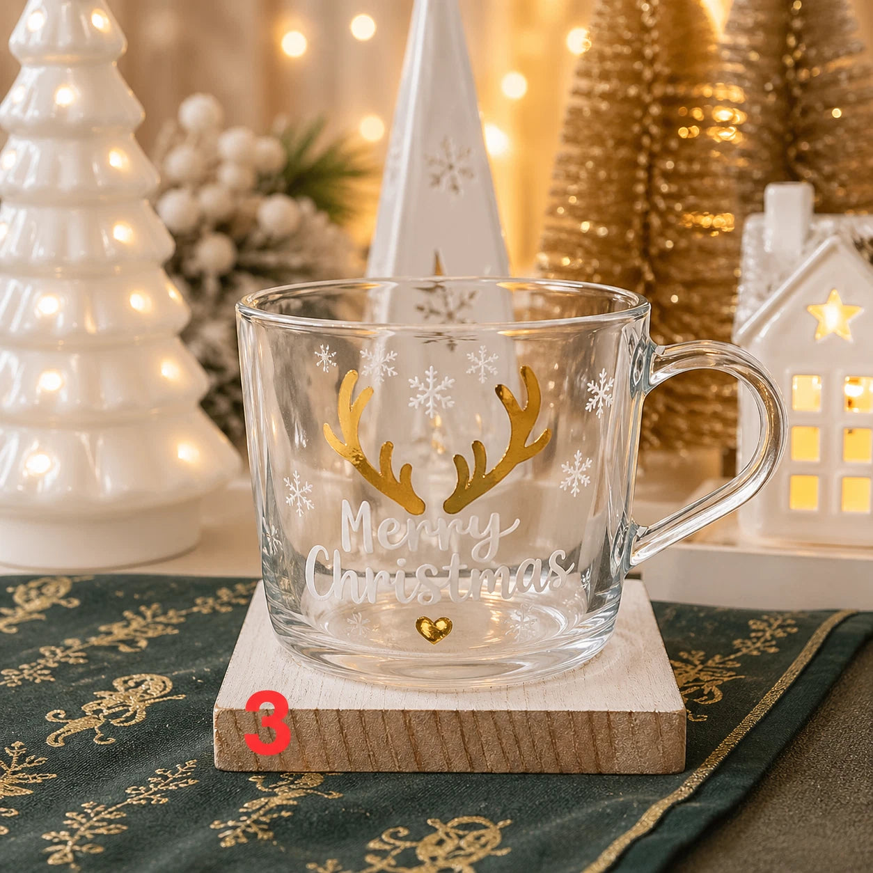 Christmas Glass Mug | 5 Festive Designs | Gold & White | 36cl