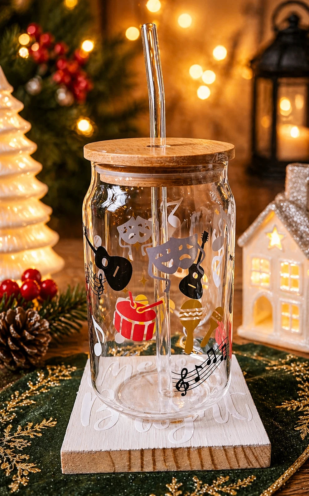 Musical & Theatre 16oz Glass Tumbler | Guitars Drama Masks Drums | Bamboo Lid & Glass Straw