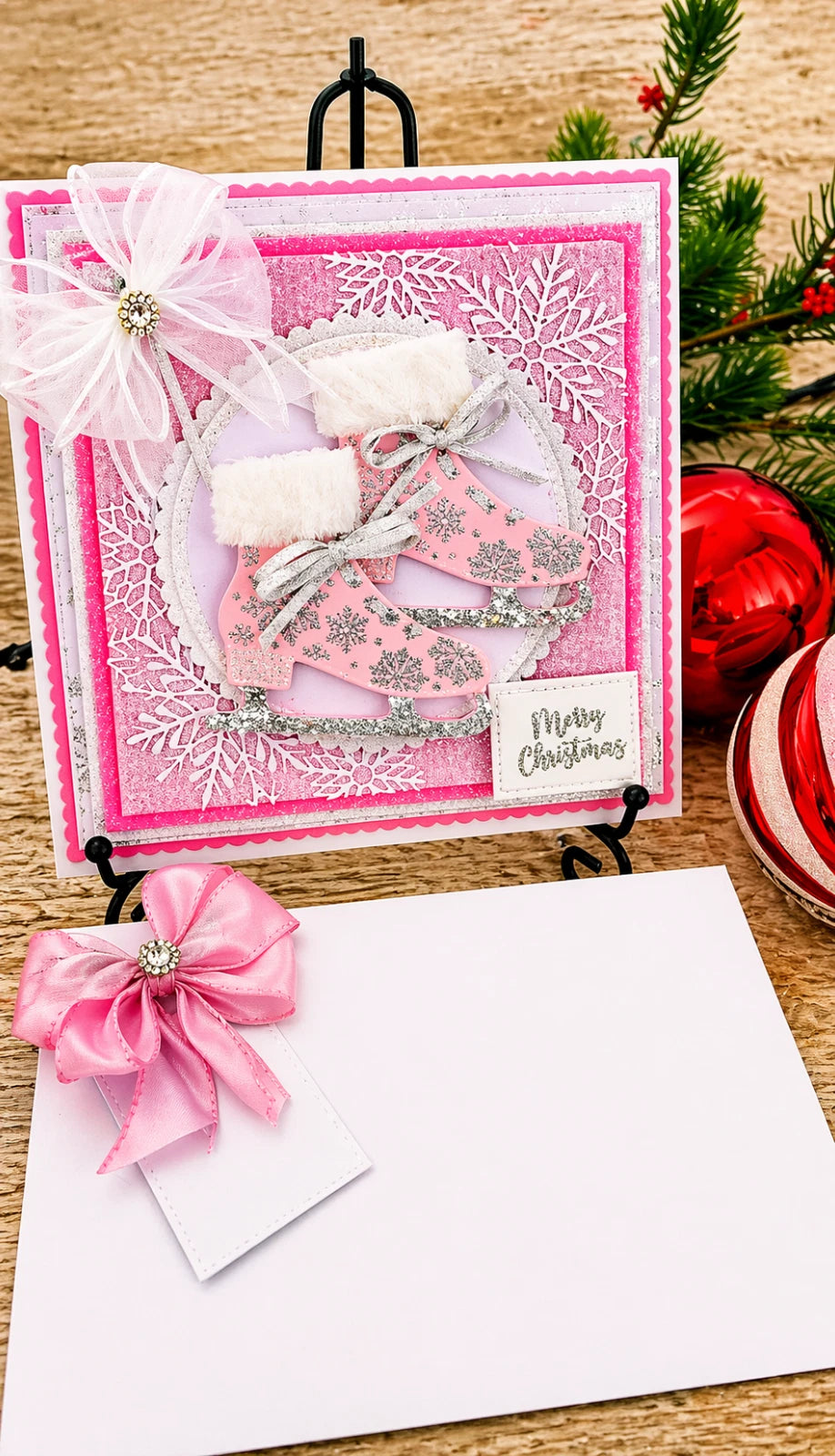 Personalised 3D Luxury Boxed Christmas Card | Pink Glitter Ice Skate | Any Relation | Handmade 8x8