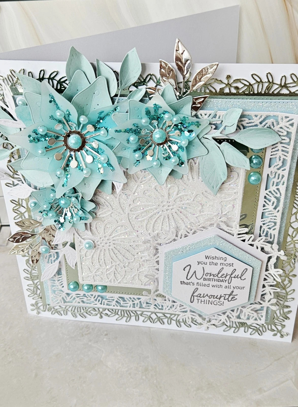 Personalised 3D Luxury Boxed Birthday Card | Mint Teal Poinsettias Silver Lace | Mum Nanna Sister | Any Relation | 8x8