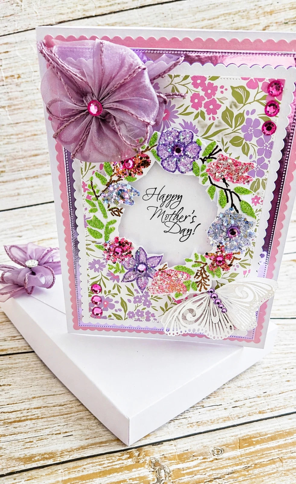 Gorgeous Luxury 6x8 Boxed Mother's Day Card.  Floral Design With Butterfly.