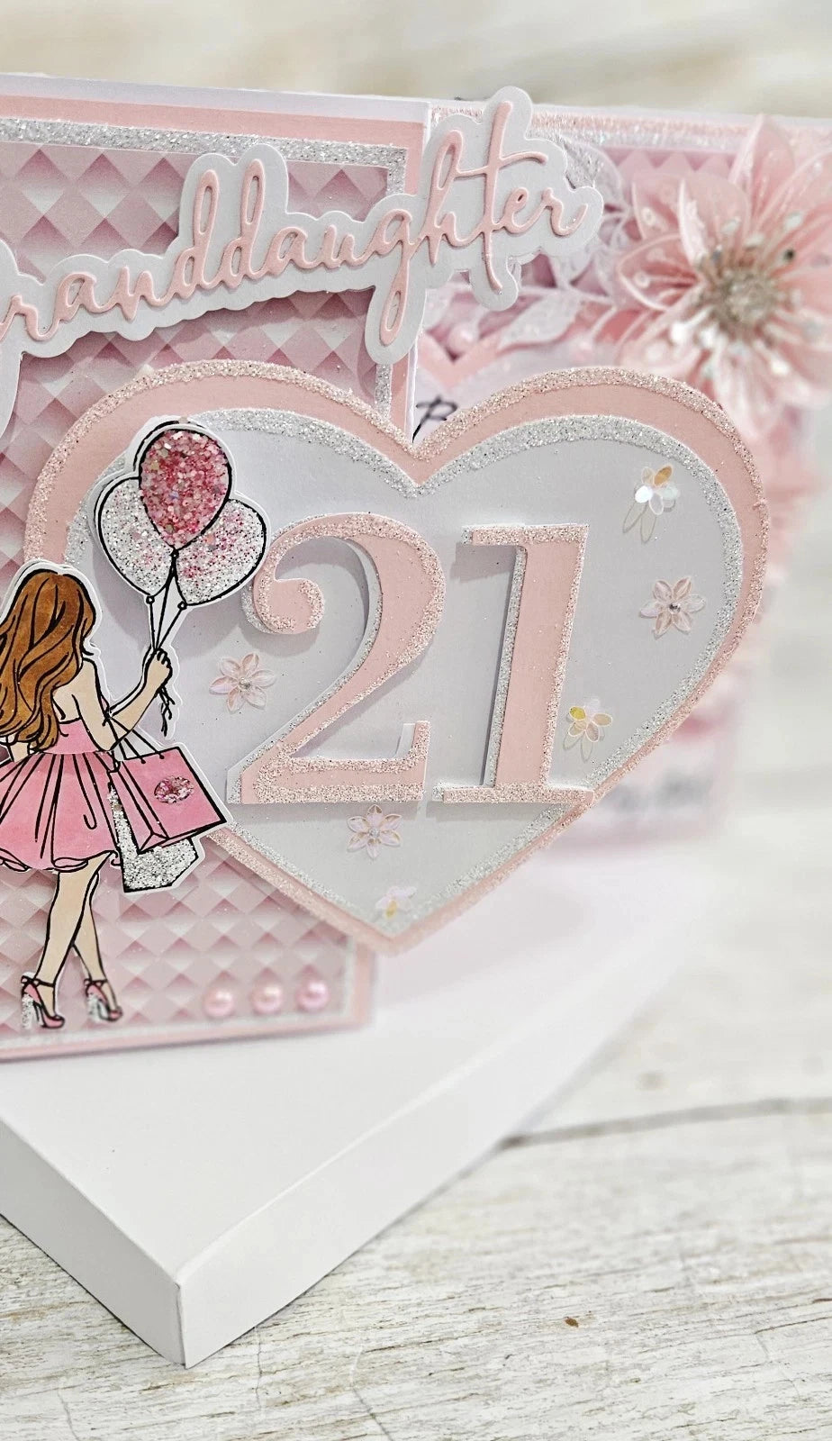 Luxury 3D Handmade Boxed 21st Birthday Card | Illustrated Girl Pink Glitter Balloons Heart | Any Relation | 8x8