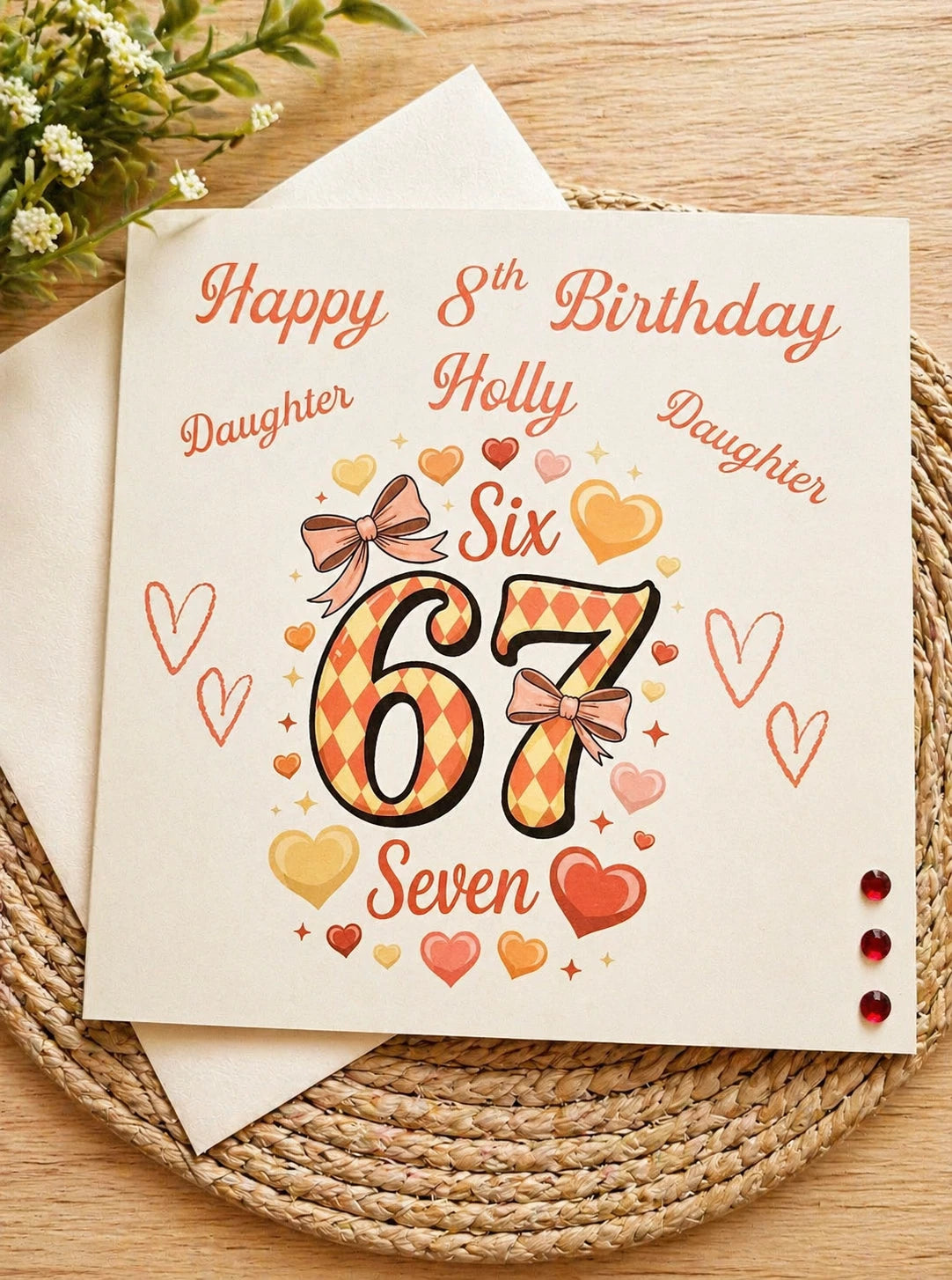 Personalised Six Seven Birthday Card | Girls | Any Name Age & Relation | Hearts & Bows Design