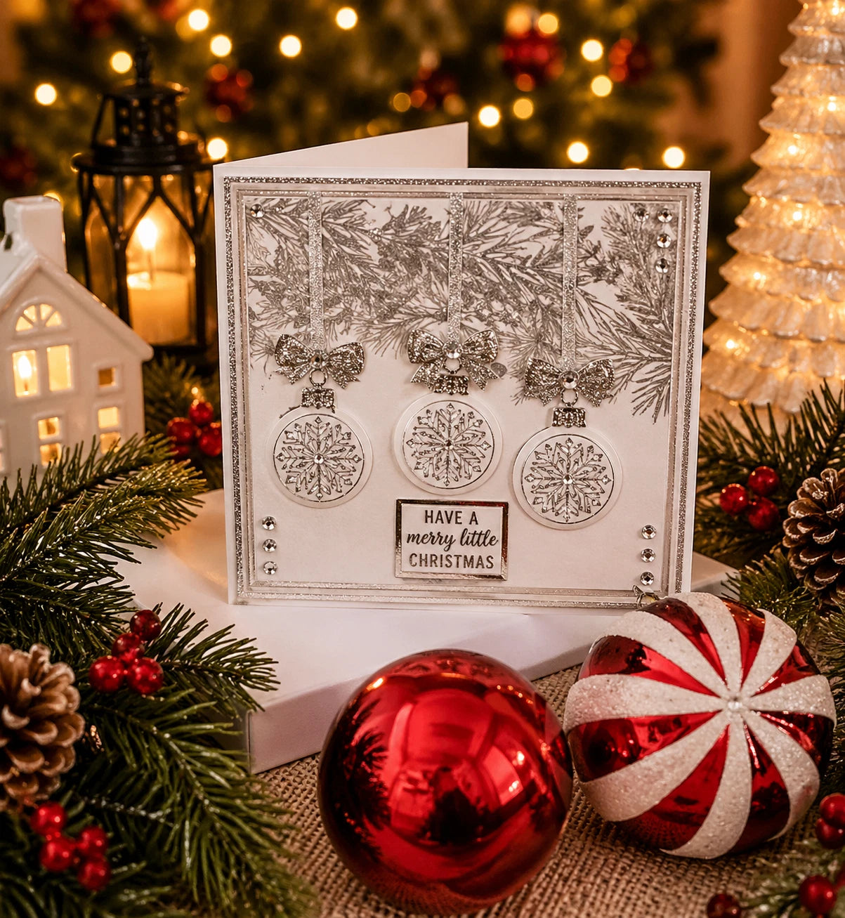 Personalised 3D Luxury Boxed Christmas Card | Silver Baubles Pine Branches | Any Recipient | Handmade 8x8
