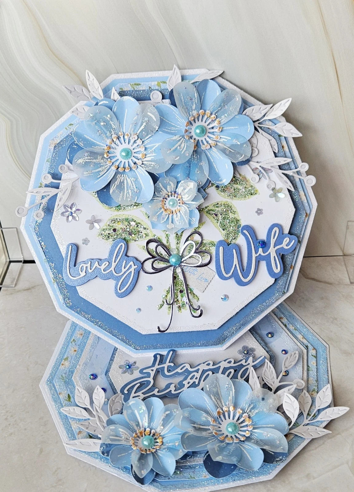 Personalised 3D Luxury Hexagon Easel Birthday Card | Blue Peony Blooms Dragonfly | Wife Mum Sister | Any Relation | 8x8