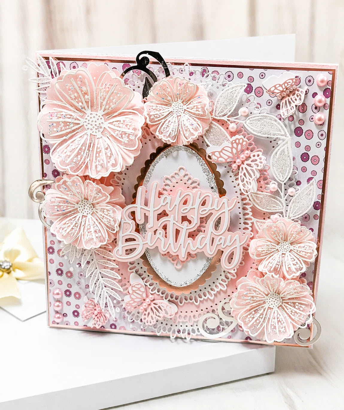 Luxury 3D Handmade Boxed Birthday Card | Blush Pink Floral Blooms Silver Glitter Leaves | Happy Birthday | Wife Sister Friend | 8x8