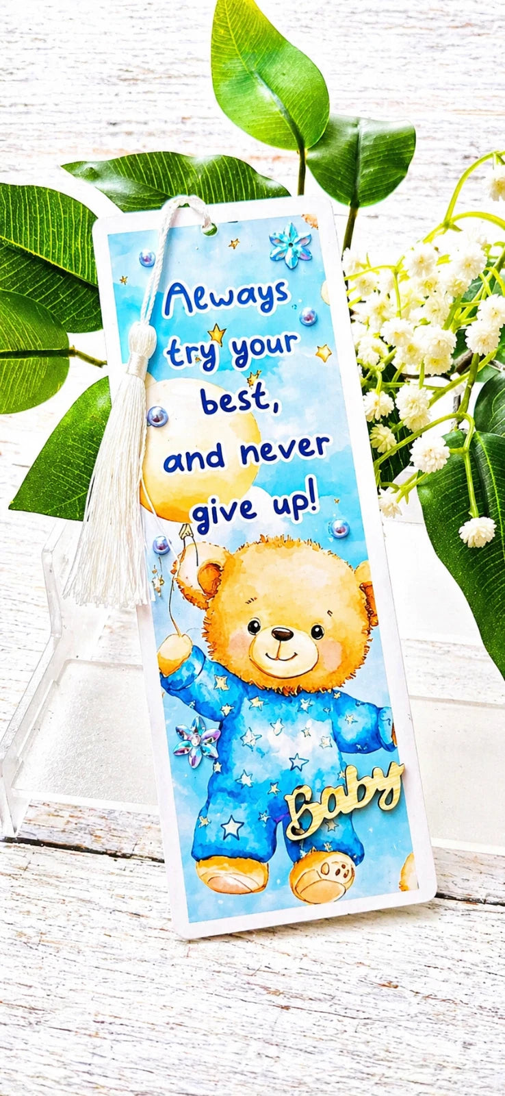 Personalised Glossy Double Sided Laminated Baby Teddy Bear Bookmark Present