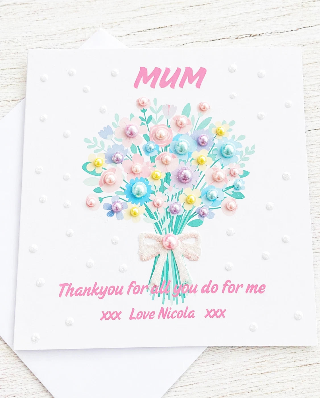 MUM Printed 6x6 Personalised Mother's Day Card With Coloured Pearls.