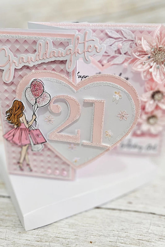 Luxury 3D Handmade Boxed 21st Birthday Card | Granddaughter | Illustrated Girl Balloons Pink Glitter Heart | 8x8