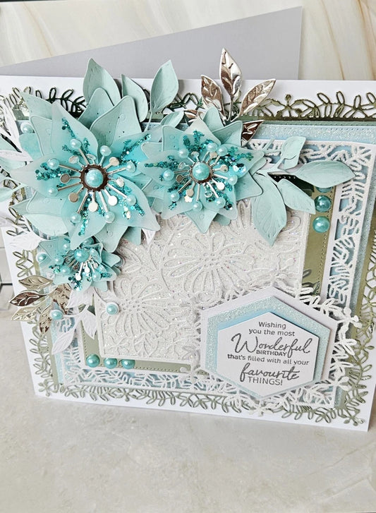 Personalised 3D Luxury Boxed Birthday Card | Mint Teal Poinsettias Silver Lace | Mum Nanna Sister | Any Relation | 8x8