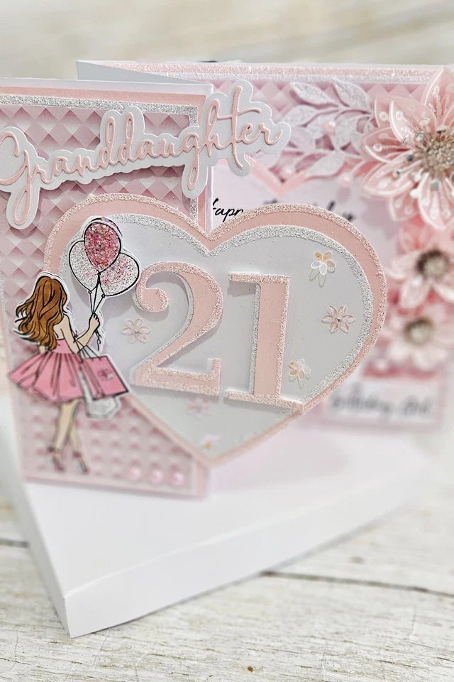 Luxury 3D Handmade Boxed 21st Birthday Card | Illustrated Girl Pink Glitter Balloons Heart | Any Relation | 8x8