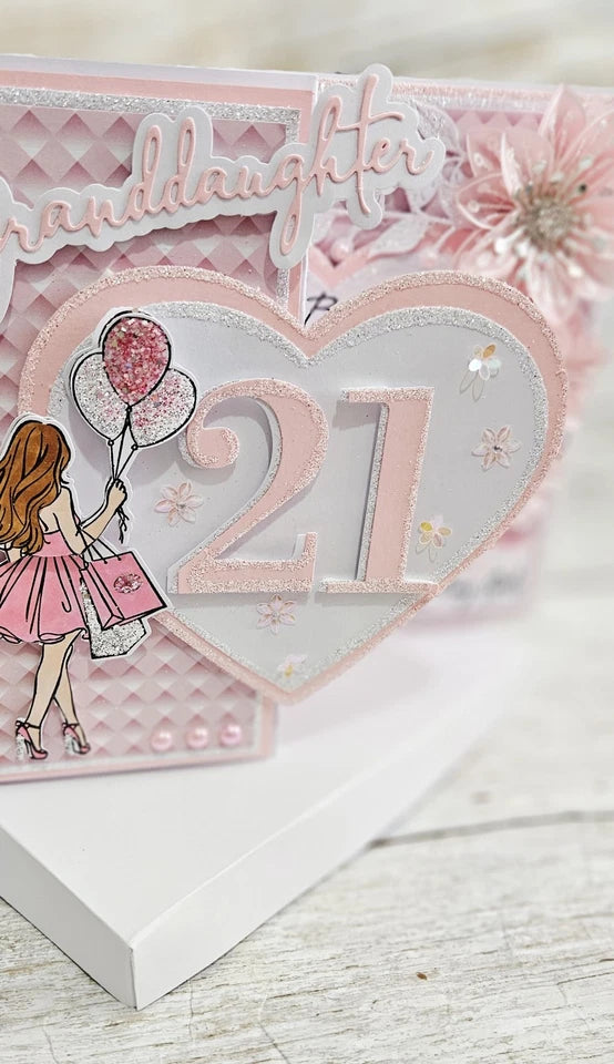 Luxury 3D Handmade Boxed 21st Birthday Card | Illustrated Girl Pink Glitter Balloons Heart | Any Relation | 8x8