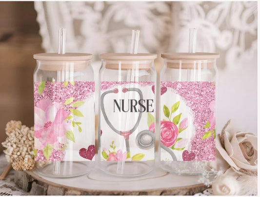 Nurse 16oz Glass Libby Can with lid and straw