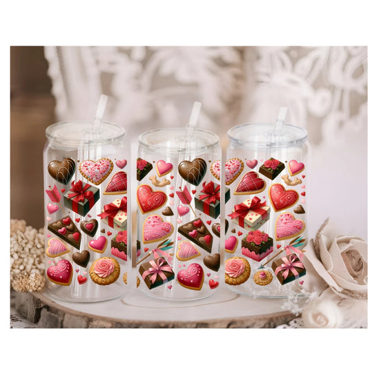 Hearts and Choc Acrylic or Glass 16oz libby can with Lid and Straw