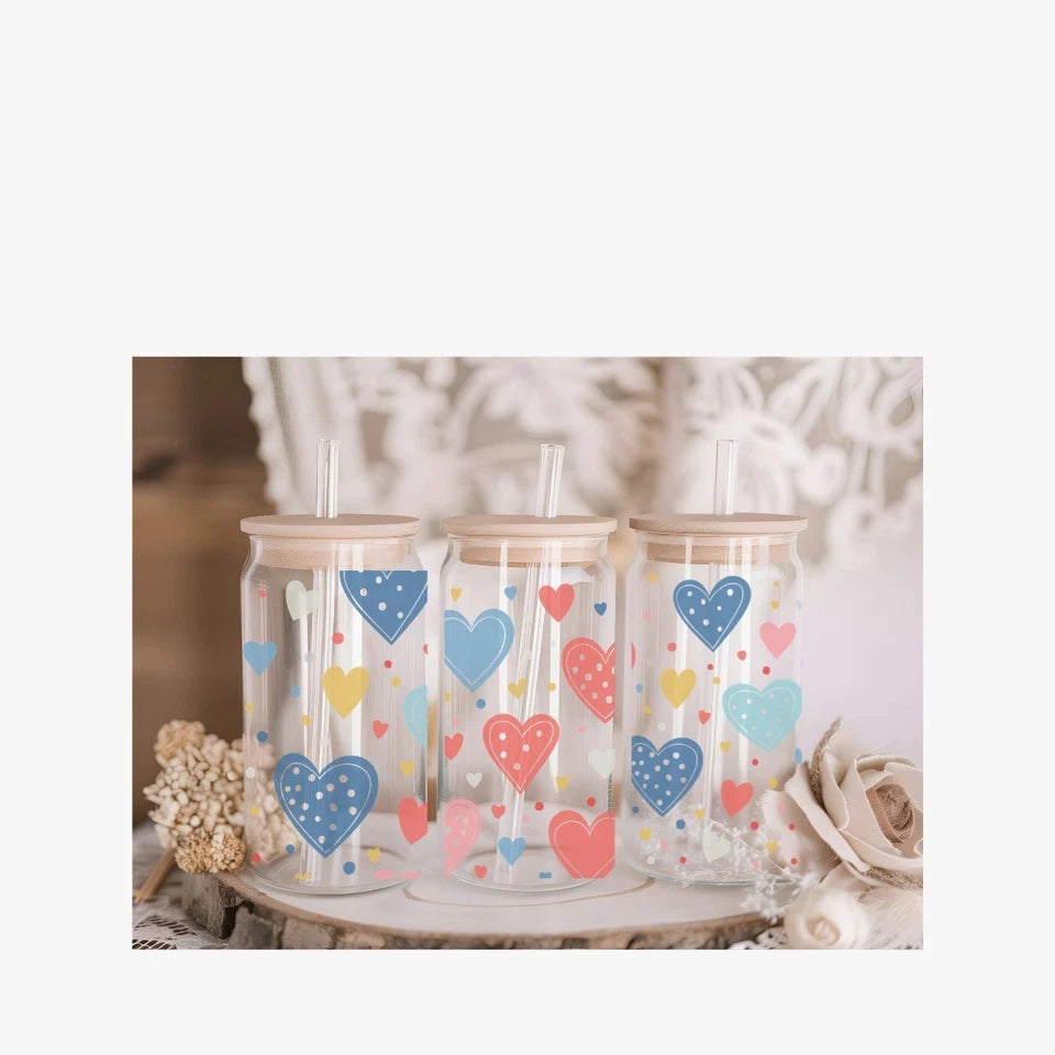 Hearts 16oz Glass Libby Can with Lid and Straw