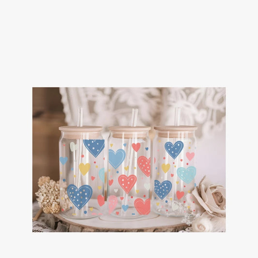 Hearts 16oz Glass Libby Can with Lid and Straw