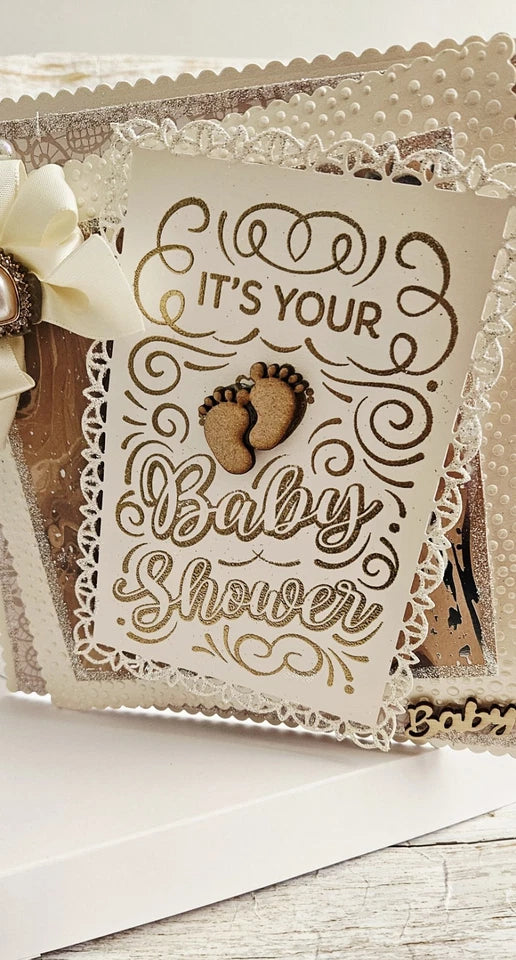 Luxury 3D Handmade Boxed Baby Shower Card | It's Your Baby Shower Gold Script | Ivory Gold Lace | 8x8