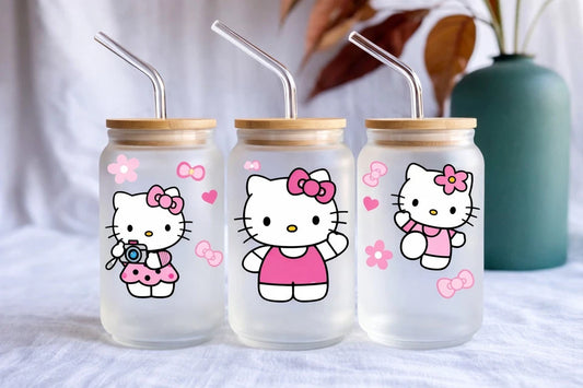 Hello kitty 16oz Glass or Acrylic Can with Lid and Straw. Customisable