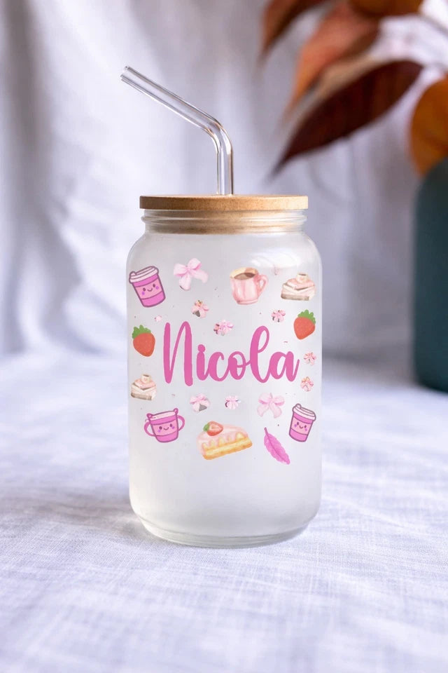 Personalised Kawaii Strawberry & Cake 16oz Glass Can with Bamboo Lid and Straw